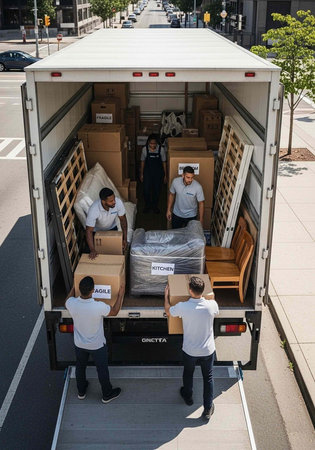 Four men in white shirts loading boxes and furniture into a moving truck on a sidewalk.の写真素材
