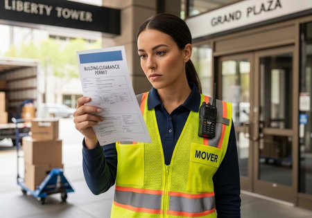 Woman in yellow vest reviews document outside office building with moving cart and boxes nearby