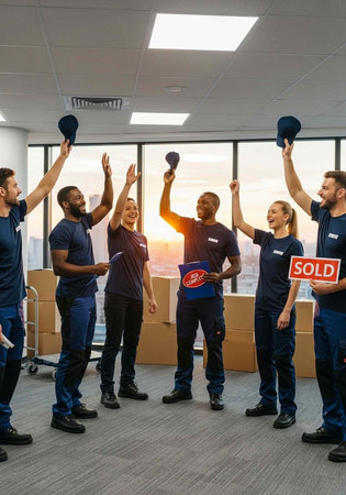 Diverse team in blue uniforms holding hats and a sold sign in an office with boxes