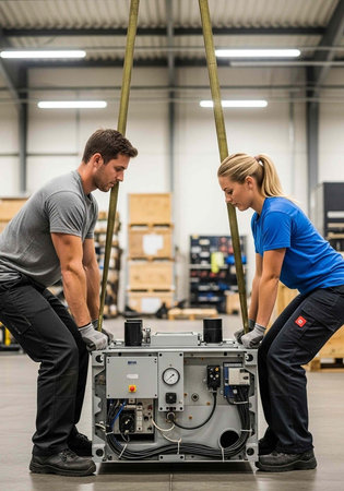Man and woman in work attire handling machinery with straps in a warehouse environment