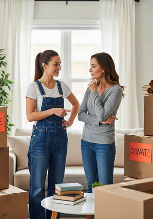 Women in casual clothes talking amidst moving boxes and a donate box in a bright room