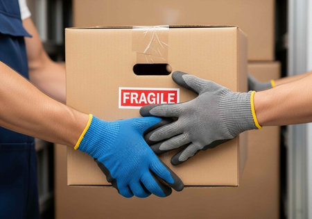 Person in blue glove and person in gray glove holding fragile labeled cardboard box carefully...