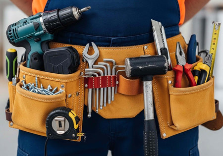 Person wearing a yellow leather tool belt with drill, hammer, screwdrivers, and other tools
