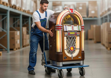 Warehouse worker pushing old-fashioned jukebox on dolly through storage area with boxes and shelves