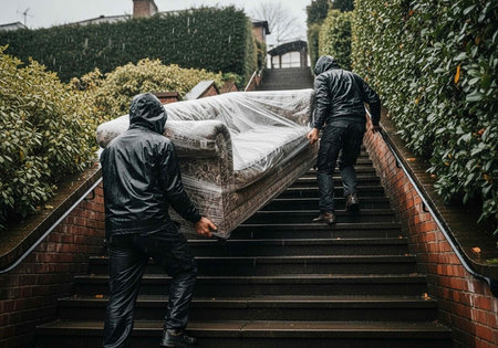Men in black jackets carrying a wrapped mattress upstairs on a rainy day.