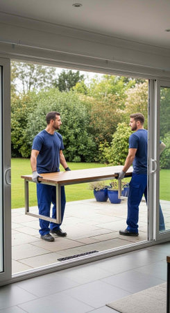 Two men carrying a table through a doorway into a house with a garden and blue pots outside.