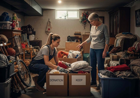 Women categorize clothing into donation and keep boxes in a cluttered basement with various...