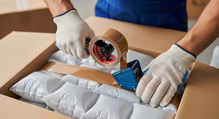 Hands in gloves packing fragile items with bubble wrap and tape in a cardboard box