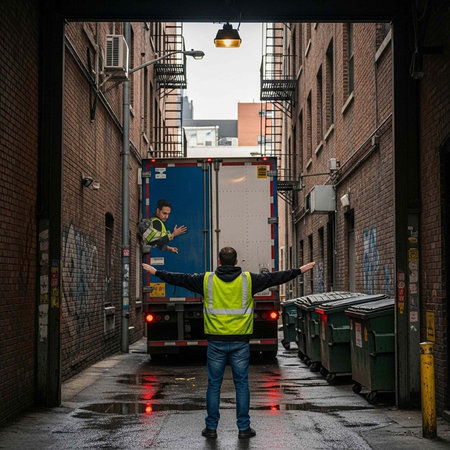 Two men in yellow vests direct a blue and white truck in a wet alley with trash cans and brick...