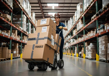 A worker in a warehouse pushing a dolly with large fragile boxes through rows of shelving units.