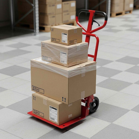 Red hand truck with stacked cardboard boxes in a warehouse with gray and white checkered floor