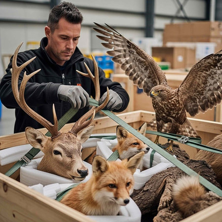 Taxidermist packing deer, fox, and eagle into crate with green straps and white padding