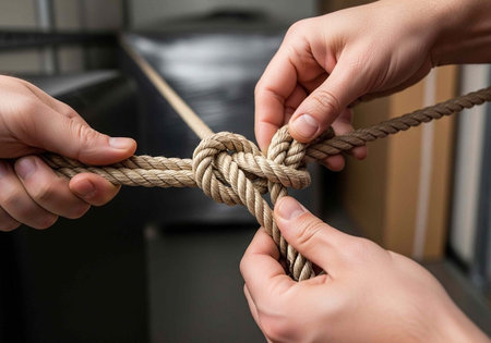 Two hands holding and twisting a rope to secure a knot