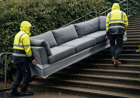 Workers in reflective jackets moving furniture up steps on a wet day.