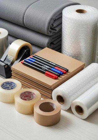Various office and packing materials arranged on a surface, featuring pens, notebooks, tape, and...