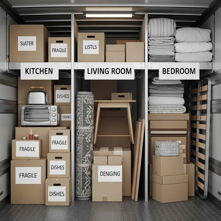 Storage unit with labeled boxes, furniture, and household items neatly arranged by room category