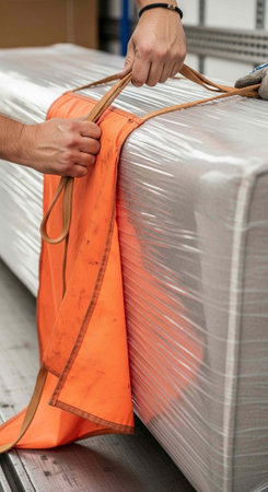 Close-up of hands using orange fabric sling to lift wrapped object in warehouse.の写真素材