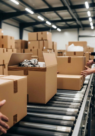 Brown cardboard boxes on a conveyor belt with workers' hands, warehouse background with metal beams