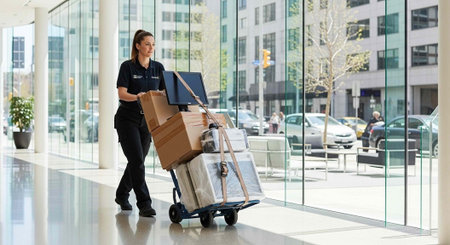 Female worker transporting office supplies on a cart through a sleek interior space with city view