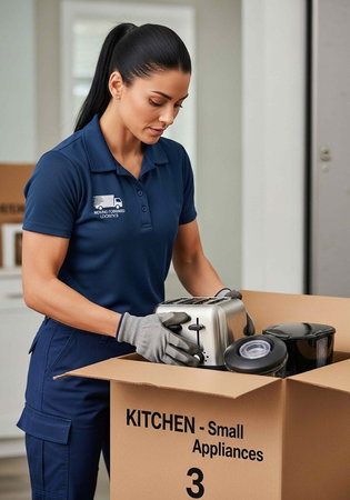 Female worker with gloves carefully placing items into a kitchen appliance box