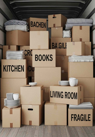 Cardboard boxes stacked, labeled for moving, with household items and furniture visible inside truck