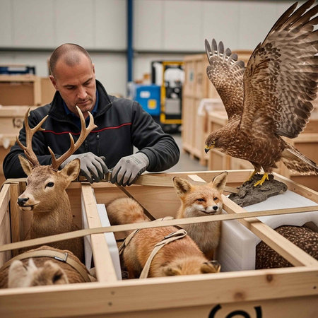 Taxidermist working with various animals in crates, including deer, fox, and bird of prey in a...