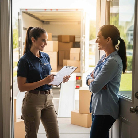 Two women in doorway, one holding clipboard, discussing moving details with boxes and truck