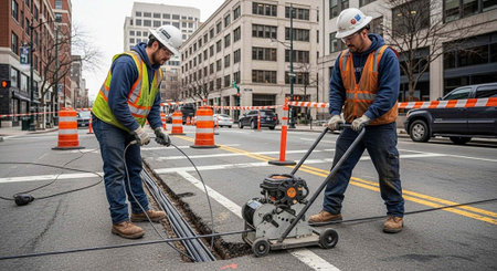 Two construction workers in hard hats and safety vests working on a city street with a pavement saw
