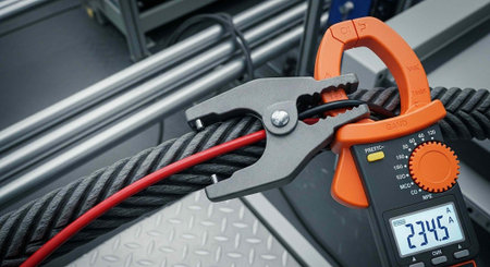 A multimeter measures the current of a black and red cable in an industrial setting with metal rails