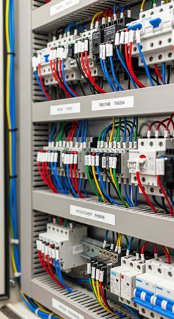 A close-up view of an electrical panel with colorful wires and circuit breakers in an industrial...