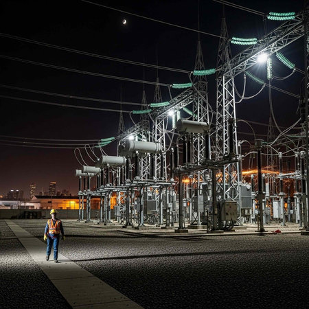 A lone worker in an orange vest stands in front of a large electrical substation at night