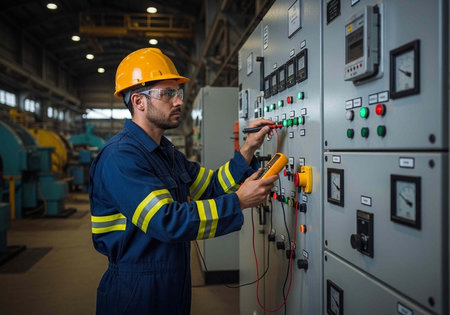 A male electrician in a hard hat and safety glasses works on an electrical control panel in a...