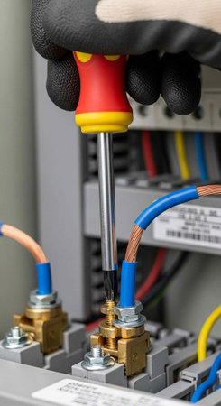 A gloved hand using a screwdriver to connect electrical wires in a circuit box