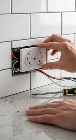 A person installing an electrical outlet in a kitchen with white tiles and a granite countertop