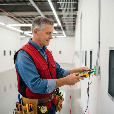A skilled electrician in a red vest works on an electrical outlet in a modern industrial setting.