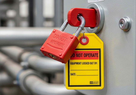 A red padlock and yellow safety tag on an industrial machine to prevent accidental operation