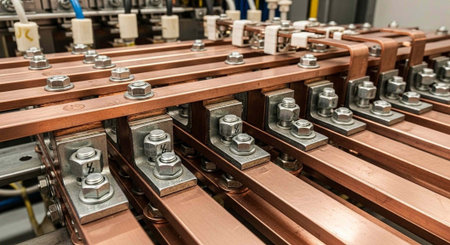 A close-up view of industrial copper busbars with metal connectors in a factory setting