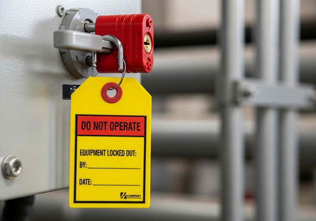 A yellow safety tag hangs from a red padlock on a metal gate in an industrial setting.