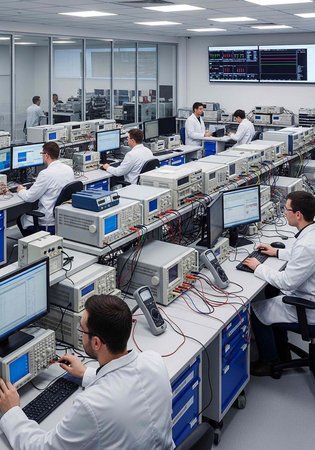 A group of scientists working together in a modern laboratory with various computer equipment and...
