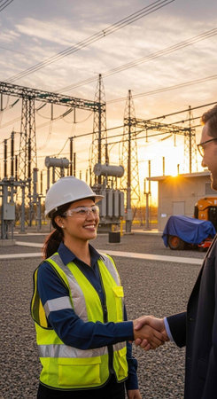 A smiling woman in a hard hat and safety vest shaking hands with a man in a suit at an industrial...