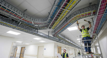 Two workers in high-visibility vests installing colorful cables in a large industrial room with...