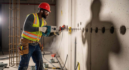A construction worker in a hard hat and safety vest drilling into a concrete wall on a building site