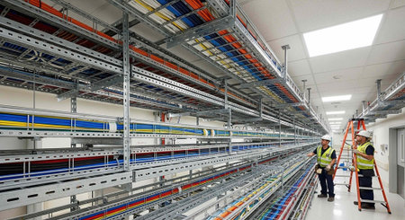 Two workers in a large industrial server room with extensive cable management systems and shelving...