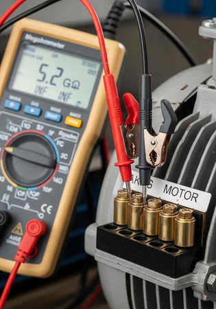 A multimeter measures electrical resistance in a motor with test leads and probes connected to gold...
