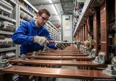 A skilled electrician in a blue uniform works diligently on electrical equipment in an industrial...