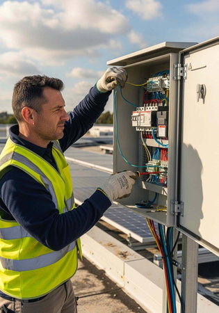 A man in a yellow safety vest working on an electrical panel outdoors on a cloudy dayの写真素材