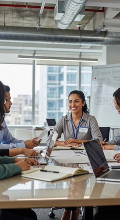 A group of diverse colleagues engaged in a meeting around a large conference table in a modern...