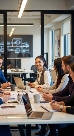 A group of diverse colleagues smiling and collaborating in a modern office space with laptops and...