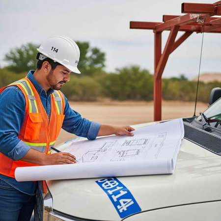 A construction worker in a hard hat and safety vest reviews blueprints on a car hood outdoors