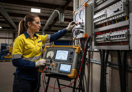 A female engineer in a yellow shirt working on electrical equipment in an industrial setting with...